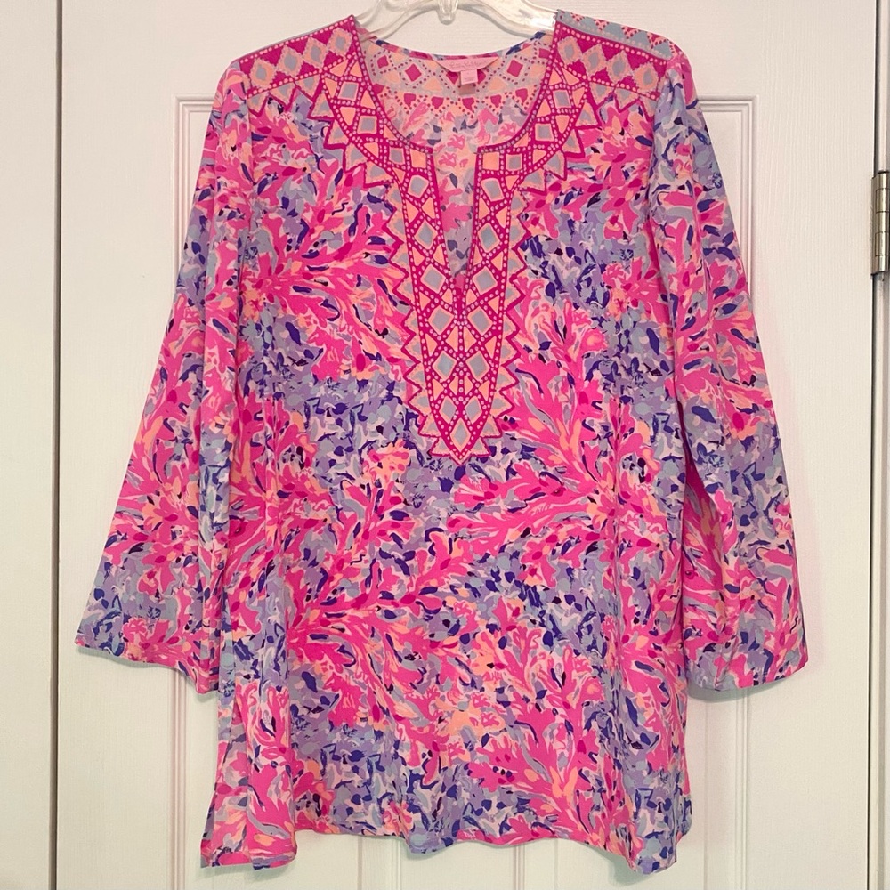 LIKE NEW WORN ONCE Lilly Pulitzer Renato Silk Tunic Coco Coral Crab Dinner L
